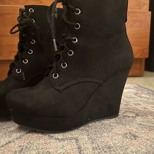 Women's Black Wedge Lace up Ankle Booties
